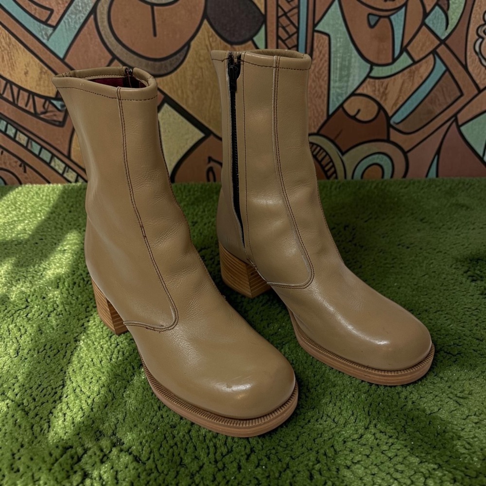 Vintage 1970s Tan Leather Square Toe Ankle Boots Chunky Block Heel Womens 10 W